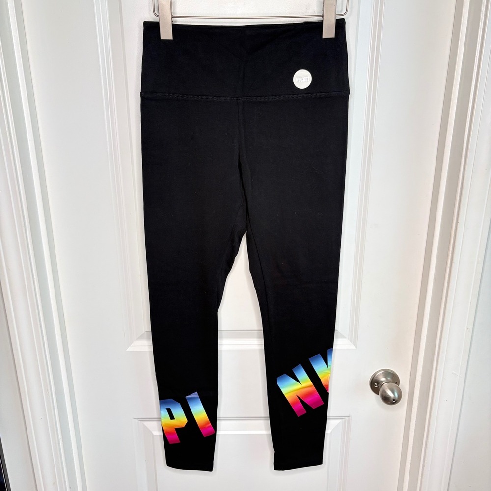 Victoria's Secret PINK Yoga Leggings Black Rainbow High Waist Medium New w/ Tags